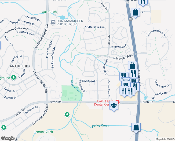 map of restaurants, bars, coffee shops, grocery stores, and more near 19135 East Custer Avenue in Parker
