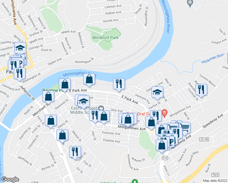 map of restaurants, bars, coffee shops, grocery stores, and more near 512 East Park Avenue in Fairmont