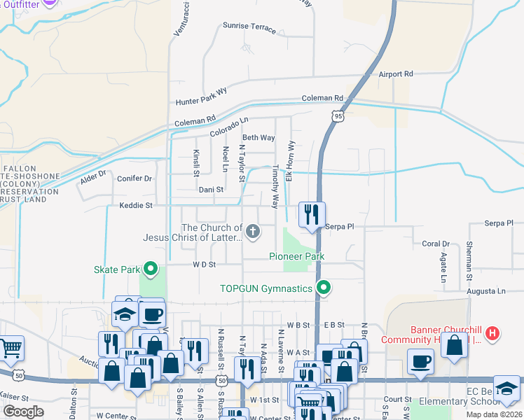 map of restaurants, bars, coffee shops, grocery stores, and more near 590 Amanda Lane in Fallon