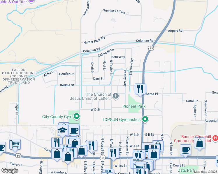map of restaurants, bars, coffee shops, grocery stores, and more near 591 North Taylor Street in Fallon