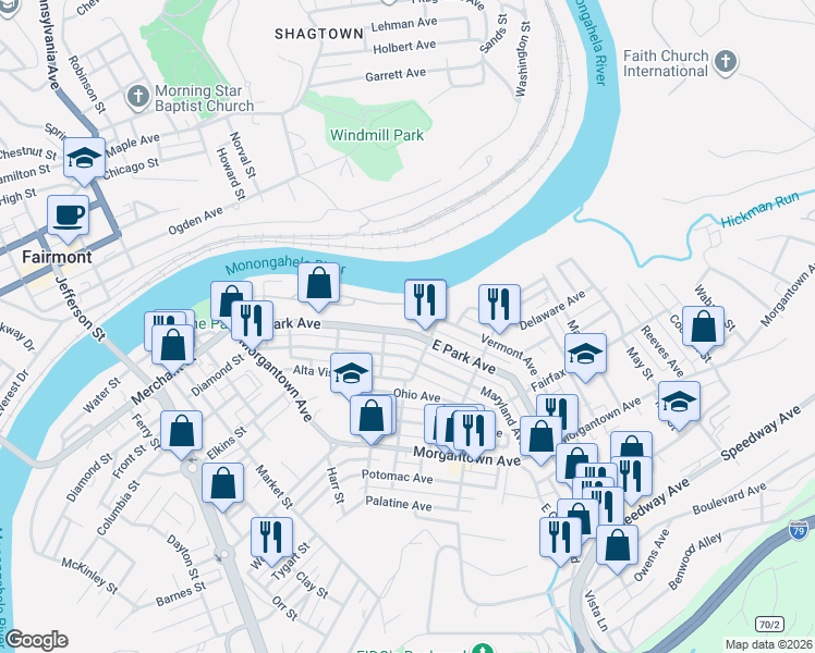 map of restaurants, bars, coffee shops, grocery stores, and more near 512 East Park Avenue in Fairmont