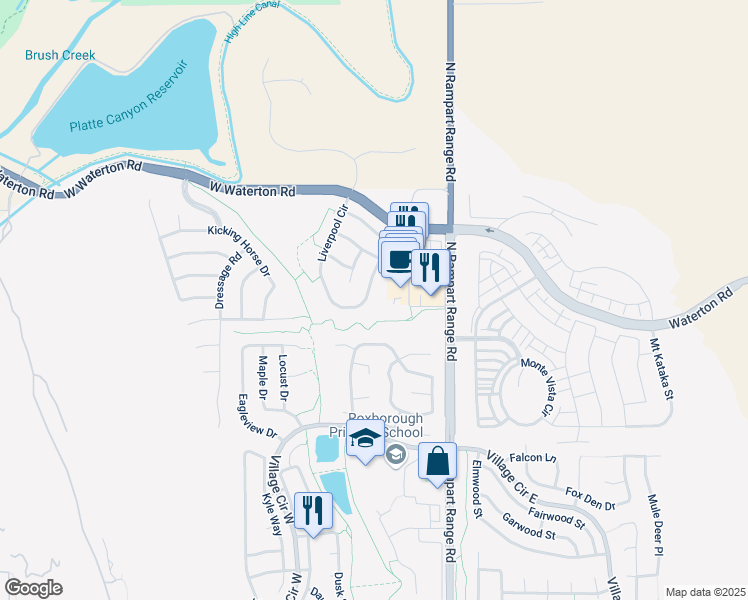 map of restaurants, bars, coffee shops, grocery stores, and more near 8365 Liverpool Cir in Littleton
