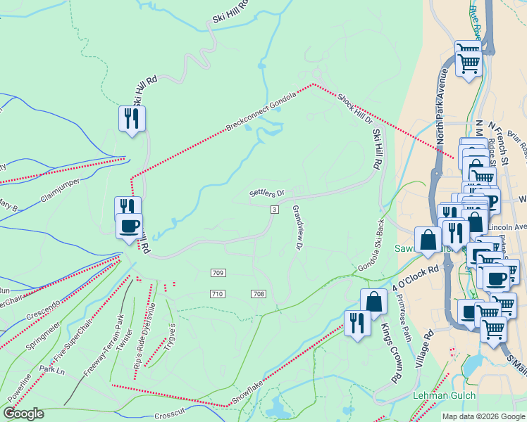 map of restaurants, bars, coffee shops, grocery stores, and more near 1080 County Road 3 in Breckenridge