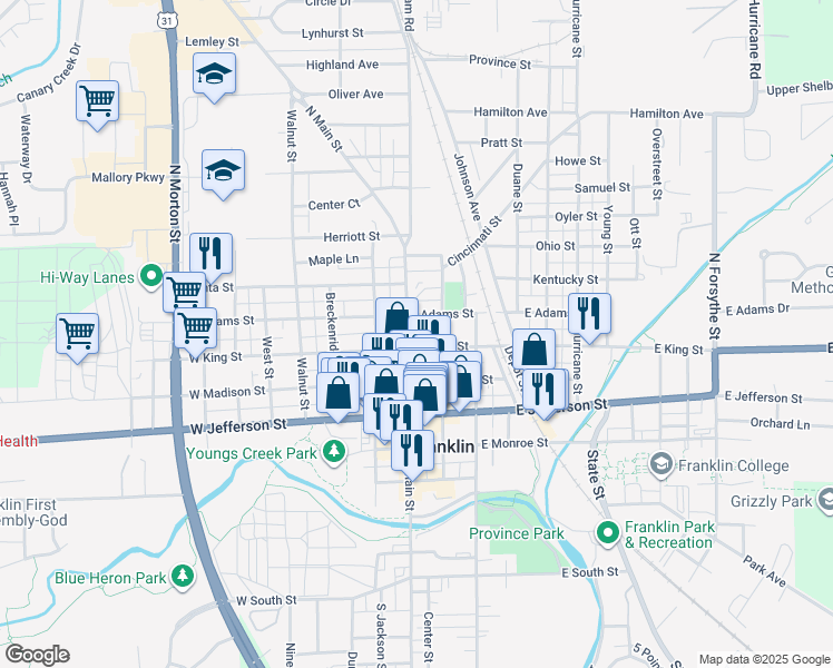 map of restaurants, bars, coffee shops, grocery stores, and more near 235 North Main Street in Franklin
