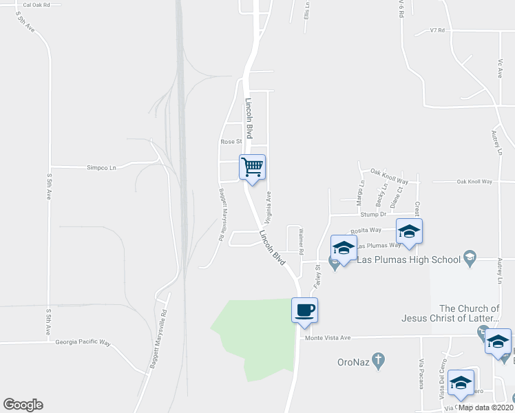 map of restaurants, bars, coffee shops, grocery stores, and more near 4915 Lincoln Boulevard in Oroville