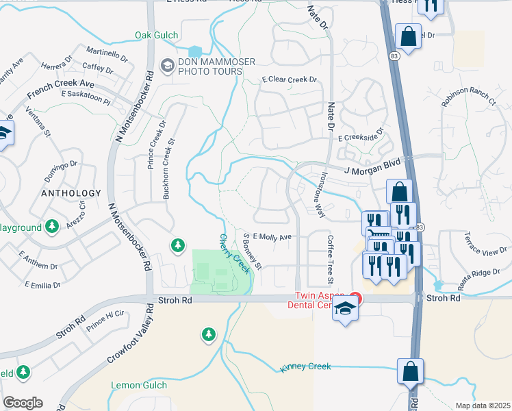 map of restaurants, bars, coffee shops, grocery stores, and more near 19135 East Custer Avenue in Parker