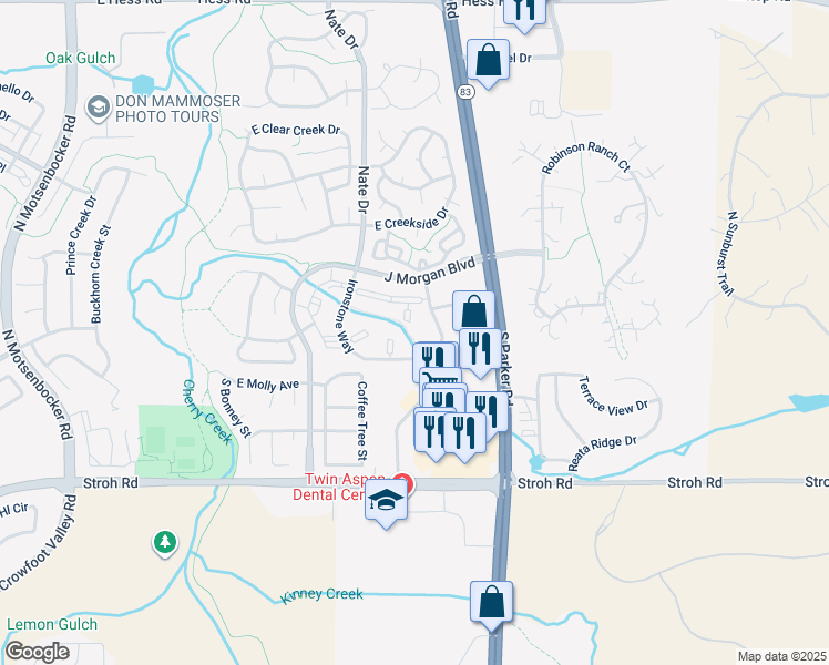 map of restaurants, bars, coffee shops, grocery stores, and more near 12824 Ironstone Way in Parker