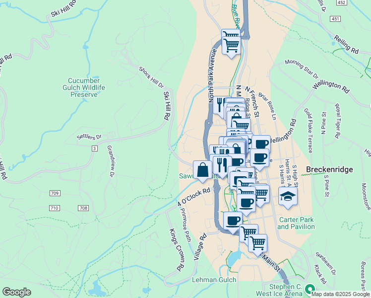map of restaurants, bars, coffee shops, grocery stores, and more near 75 Mountain Thunder Drive in Breckenridge