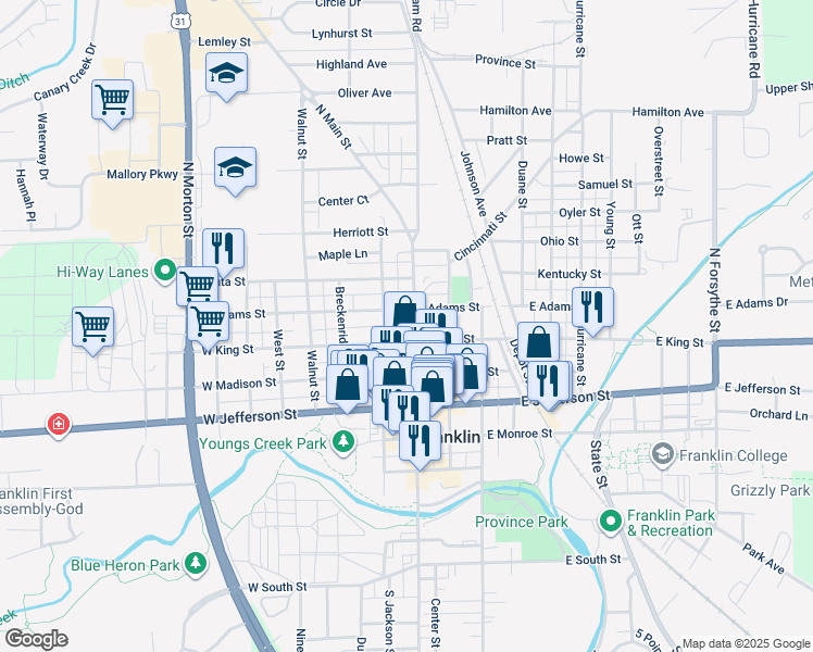 map of restaurants, bars, coffee shops, grocery stores, and more near 235 North Main Street in Franklin