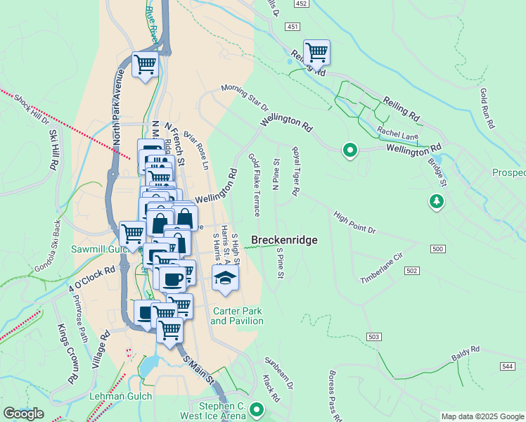 map of restaurants, bars, coffee shops, grocery stores, and more near 104 North Gold Flake Terrace in Breckenridge
