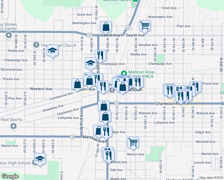 map of restaurants, bars, coffee shops, grocery stores, and more near 1718 Broadway Avenue in Mattoon