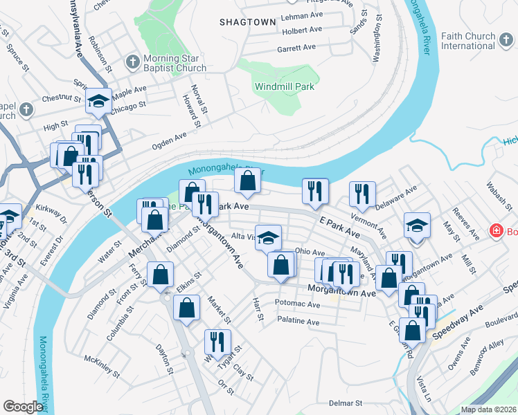 map of restaurants, bars, coffee shops, grocery stores, and more near 373 E Park Ave in Fairmont