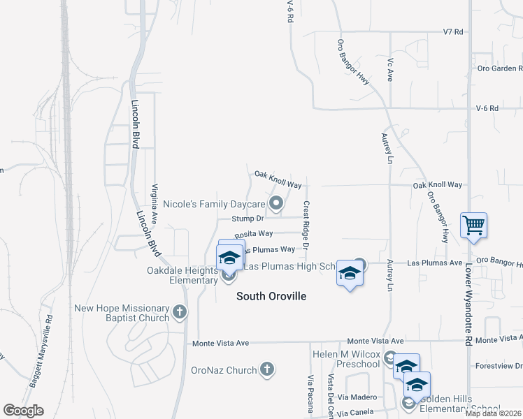 map of restaurants, bars, coffee shops, grocery stores, and more near 5342 Becky Lane in Oroville