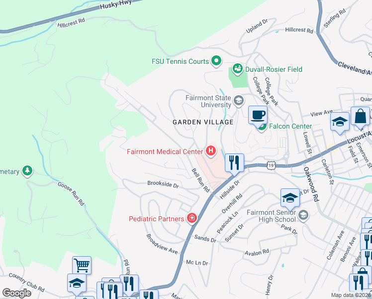 map of restaurants, bars, coffee shops, grocery stores, and more near 100 Cardinal Pl in Fairmont