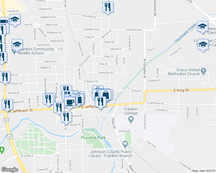 map of restaurants, bars, coffee shops, grocery stores, and more near 248 Hurricane Street in Franklin