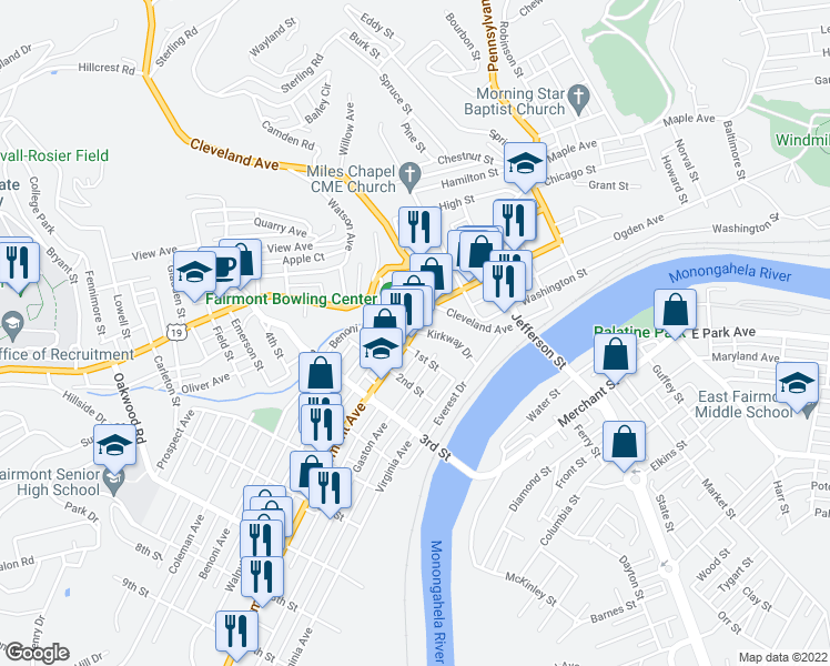 map of restaurants, bars, coffee shops, grocery stores, and more near 30 Fairmont Avenue in Fairmont
