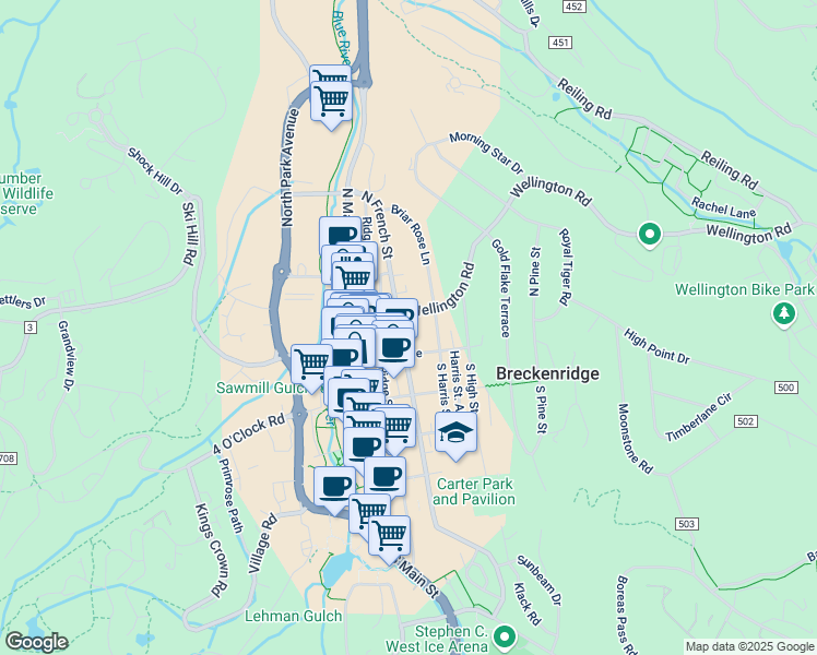 map of restaurants, bars, coffee shops, grocery stores, and more near 108 North French Street in Breckenridge