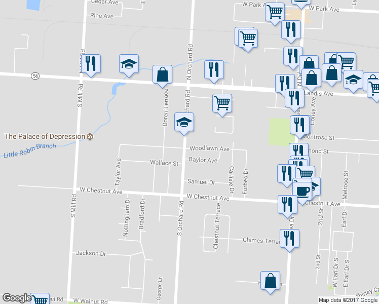 map of restaurants, bars, coffee shops, grocery stores, and more near 1391 Woodlawn Avenue in Vineland