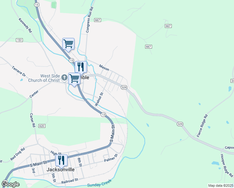 map of restaurants, bars, coffee shops, grocery stores, and more near 19407 Maple Street in Glouster