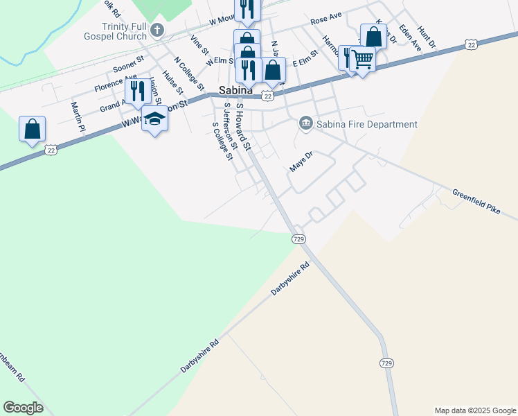 map of restaurants, bars, coffee shops, grocery stores, and more near 363 South Howard Street in Sabina