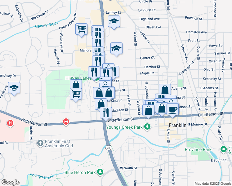 map of restaurants, bars, coffee shops, grocery stores, and more near 549 West Adams Street in Franklin