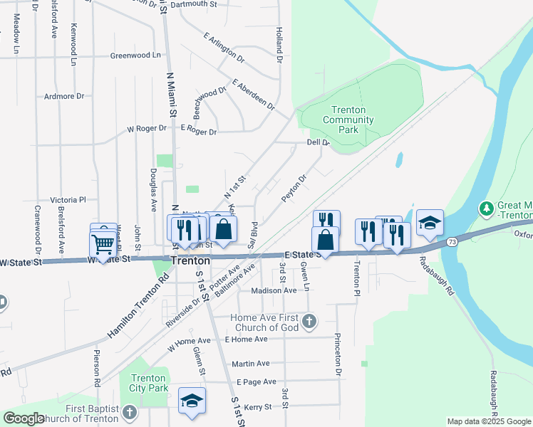 map of restaurants, bars, coffee shops, grocery stores, and more near 303 Peyton Drive in Trenton