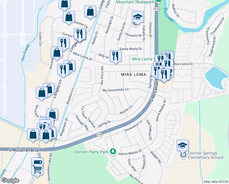 map of restaurants, bars, coffee shops, grocery stores, and more near 4540 Rio Encantado Lane in Reno