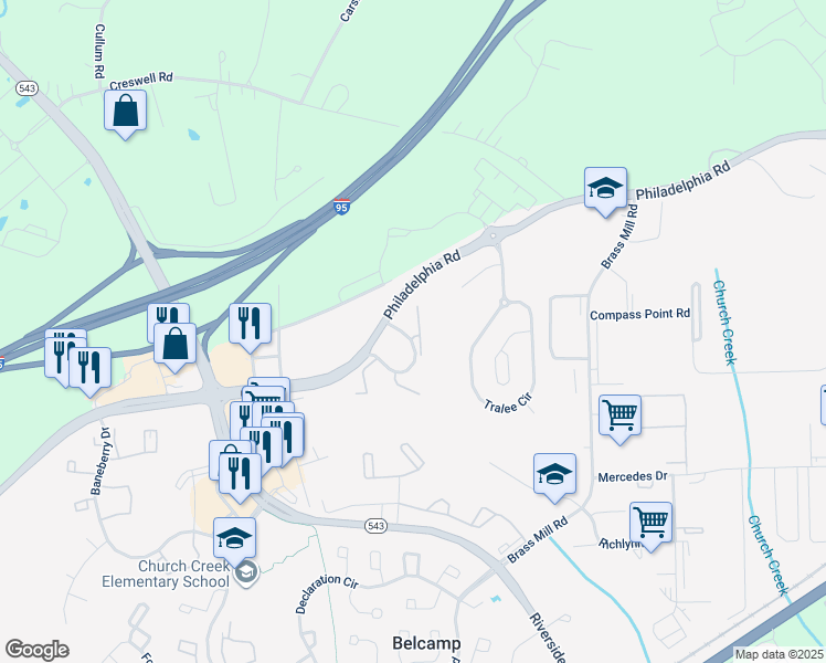 map of restaurants, bars, coffee shops, grocery stores, and more near 4401 Greenwich Court in Belcamp