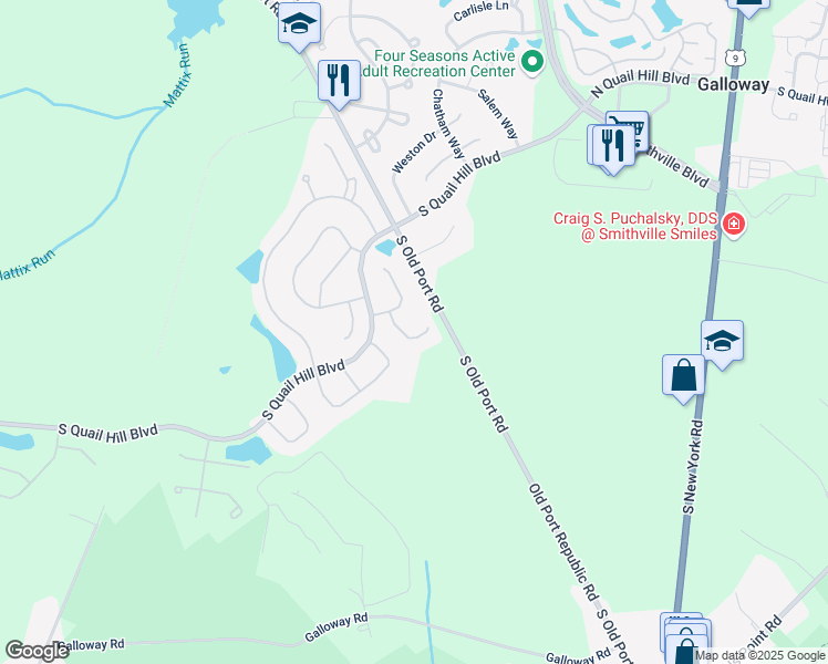 map of restaurants, bars, coffee shops, grocery stores, and more near 113 Sheffield Court in Galloway