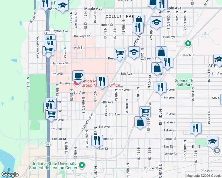 map of restaurants, bars, coffee shops, grocery stores, and more near 818 6th Avenue in Terre Haute