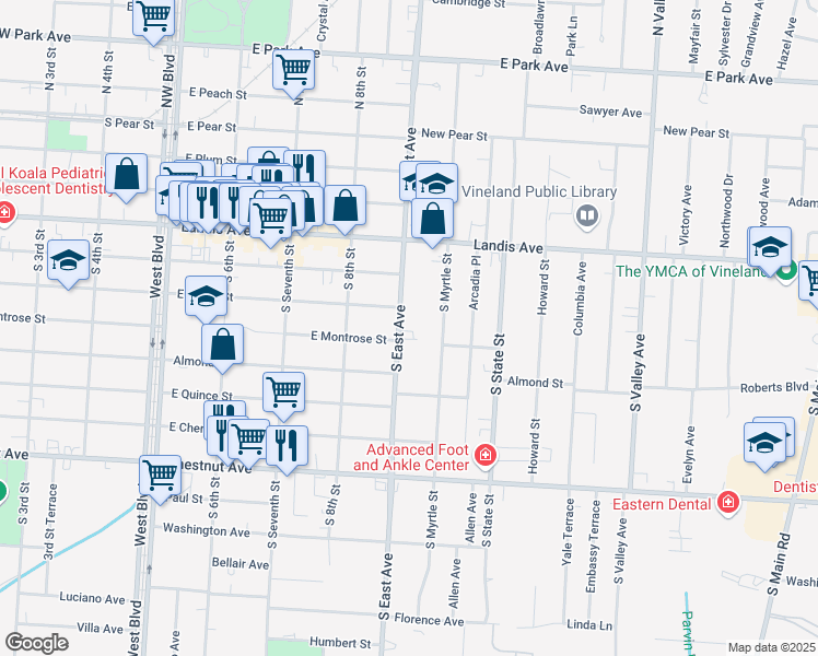 map of restaurants, bars, coffee shops, grocery stores, and more near 209 South East Avenue in Vineland