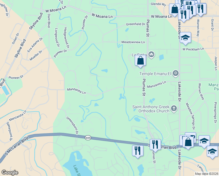 map of restaurants, bars, coffee shops, grocery stores, and more near 1825 Manzanita Circle in Reno