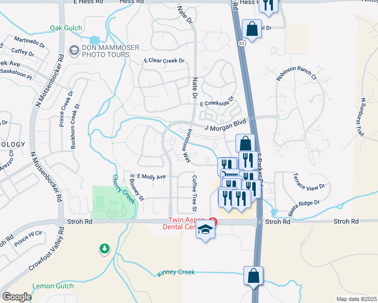 map of restaurants, bars, coffee shops, grocery stores, and more near 12888 Ironstone Way in Parker
