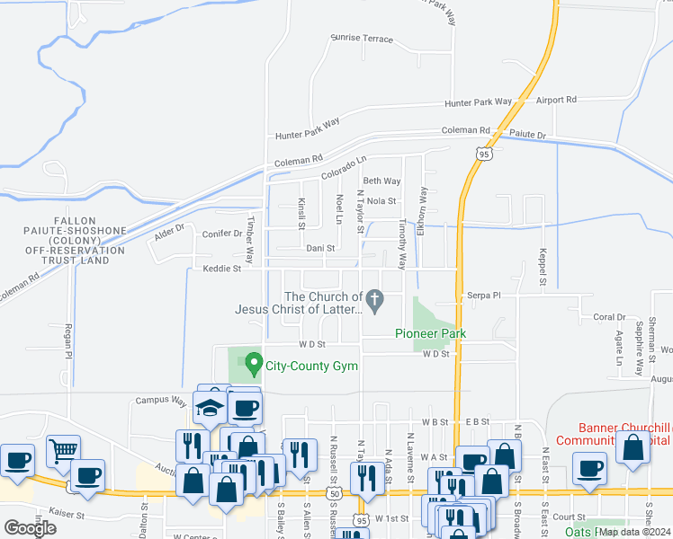 map of restaurants, bars, coffee shops, grocery stores, and more near 591 North Taylor Street in Fallon