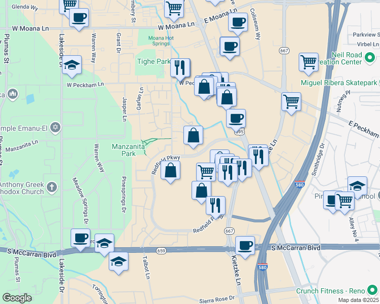 map of restaurants, bars, coffee shops, grocery stores, and more near 235 Redfield Parkway in Reno