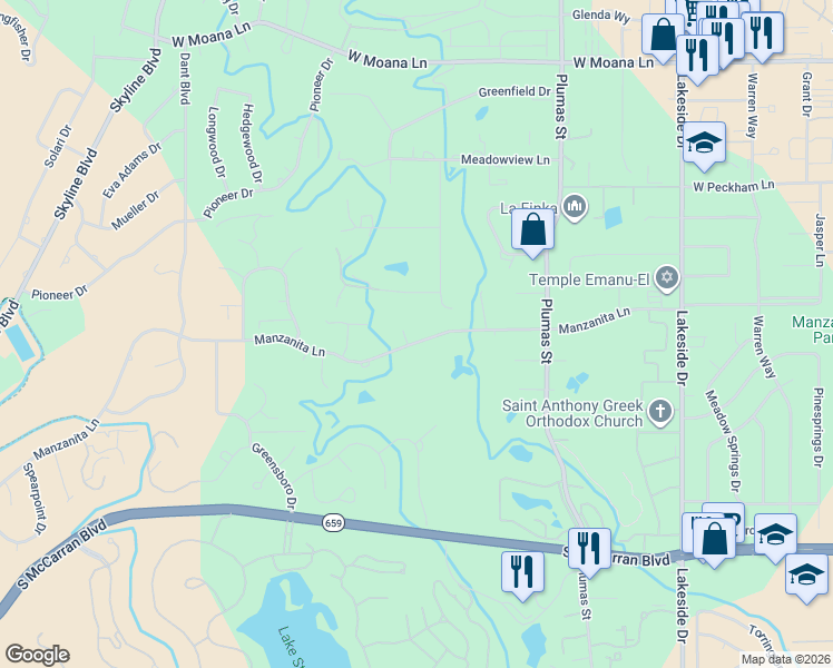 map of restaurants, bars, coffee shops, grocery stores, and more near 1825 Manzanita Circle in Reno