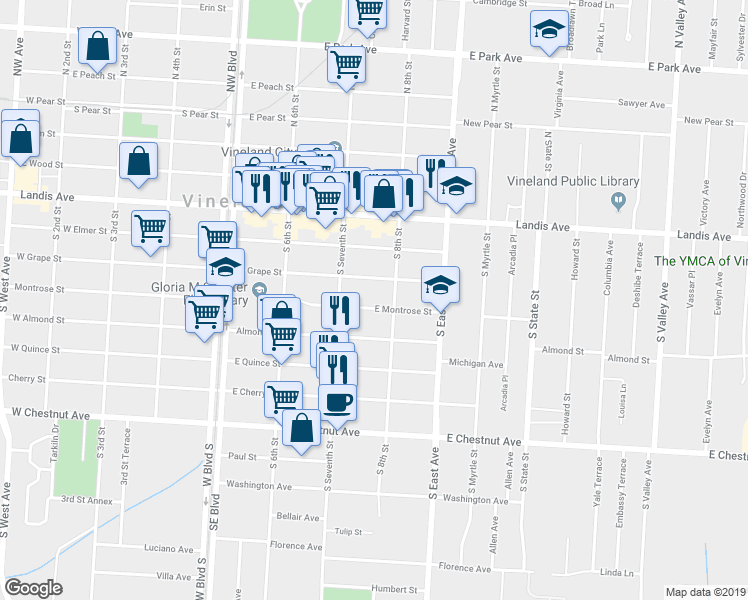 map of restaurants, bars, coffee shops, grocery stores, and more near 732 East Montrose Street in Vineland