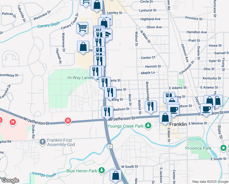 map of restaurants, bars, coffee shops, grocery stores, and more near 549 West Adams Street in Franklin