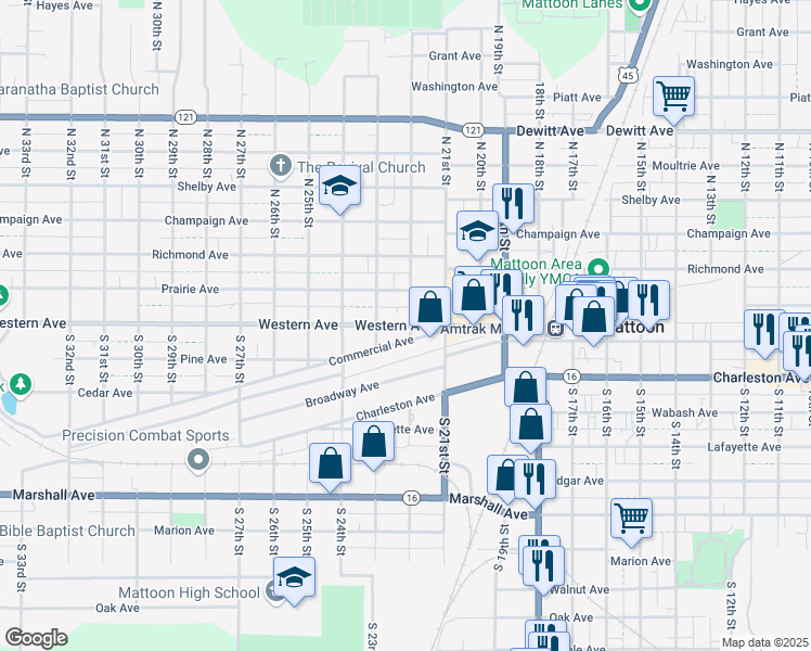 map of restaurants, bars, coffee shops, grocery stores, and more near 2201 Western Avenue in Mattoon