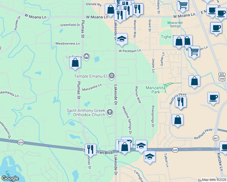map of restaurants, bars, coffee shops, grocery stores, and more near 4530 Lakeside Drive in Reno