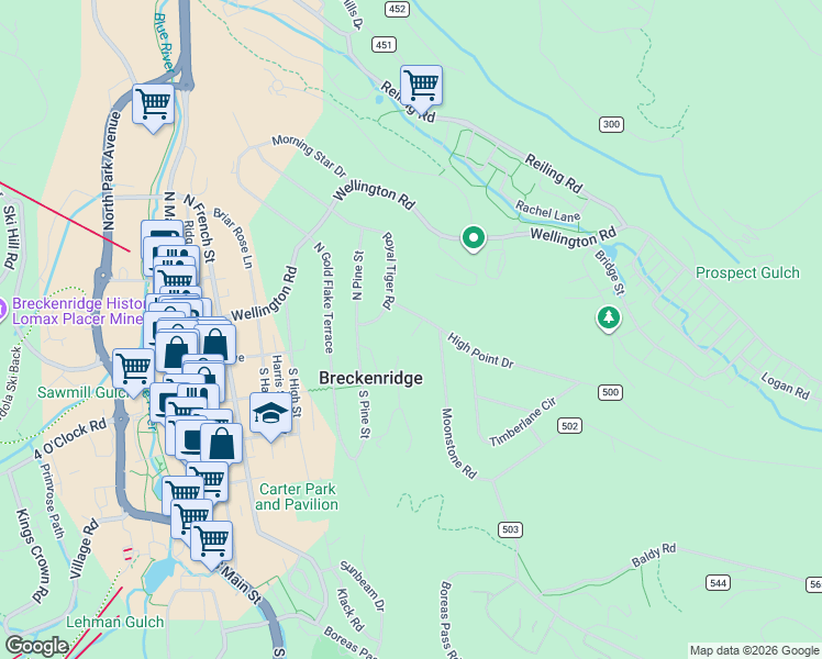 map of restaurants, bars, coffee shops, grocery stores, and more near 43 Ski Trail Circle in Breckenridge