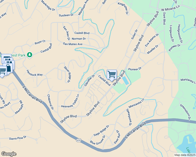 map of restaurants, bars, coffee shops, grocery stores, and more near 3313 Skyline Boulevard in Reno