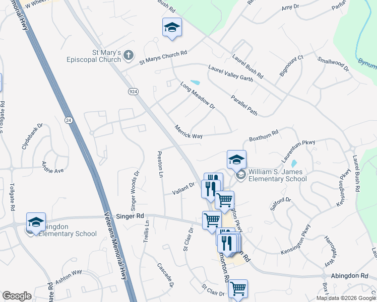 map of restaurants, bars, coffee shops, grocery stores, and more near 10 Mitchell Drive in Abingdon