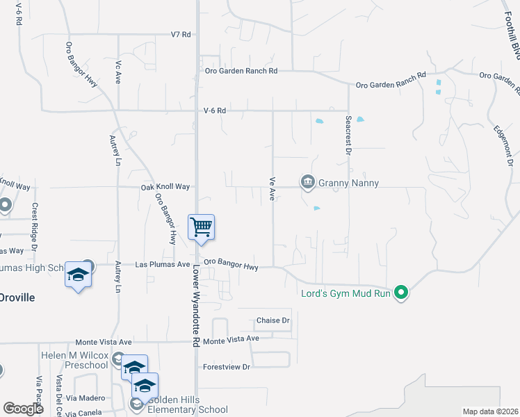 map of restaurants, bars, coffee shops, grocery stores, and more near 2586 Oak Knoll Way in Oroville