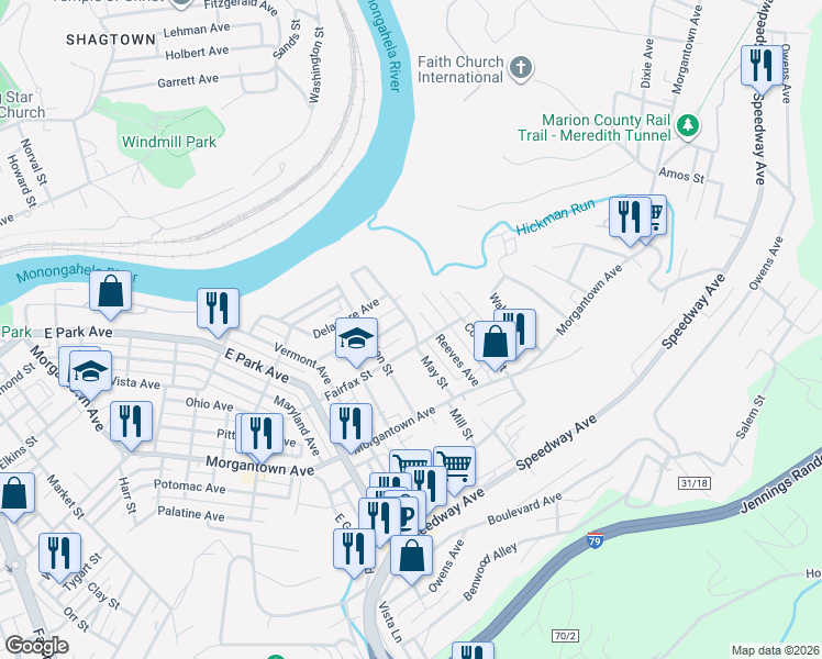 map of restaurants, bars, coffee shops, grocery stores, and more near 228 May Street in Fairmont