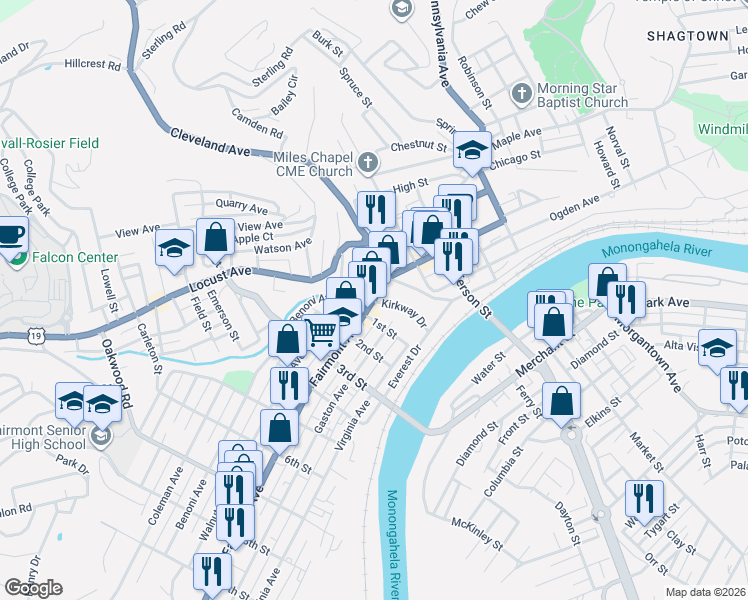 map of restaurants, bars, coffee shops, grocery stores, and more near 38 Adams St in Fairmont