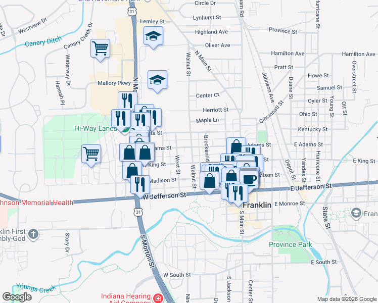map of restaurants, bars, coffee shops, grocery stores, and more near 250 Walnut Street in Franklin