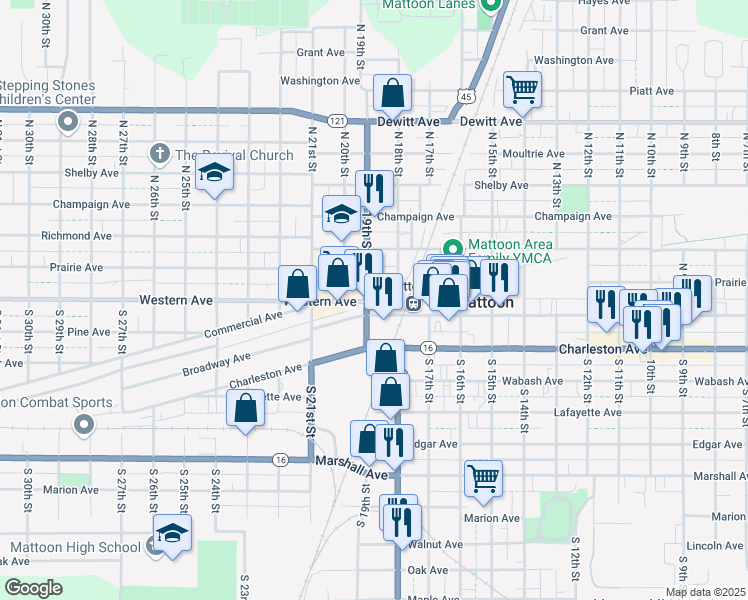 map of restaurants, bars, coffee shops, grocery stores, and more near 1804 Western Avenue in Mattoon