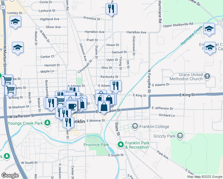 map of restaurants, bars, coffee shops, grocery stores, and more near 250 Hurricane Street in Franklin