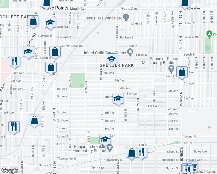 map of restaurants, bars, coffee shops, grocery stores, and more near 1626 6th Avenue in Terre Haute